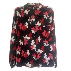 Como Blu Floral Black Burgundy Vibrant Office Casual Satin Top Blouse Sz XL